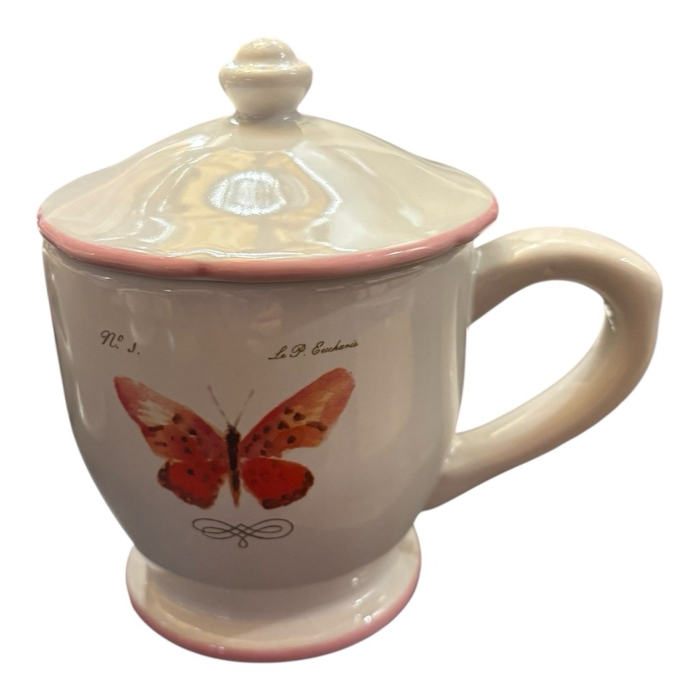 Set of 3 Williams Sonoma Marc Lacaze Butterfly Garden Lidded Mugs 2008 Pink Blue - Picture 4 of 5